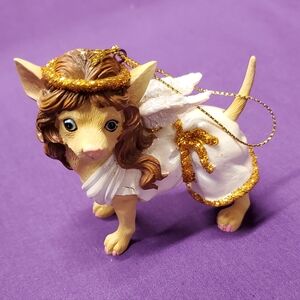 Whimsical Ceramic Chi-hua-hua Dog Ornament with Gold and White Accents